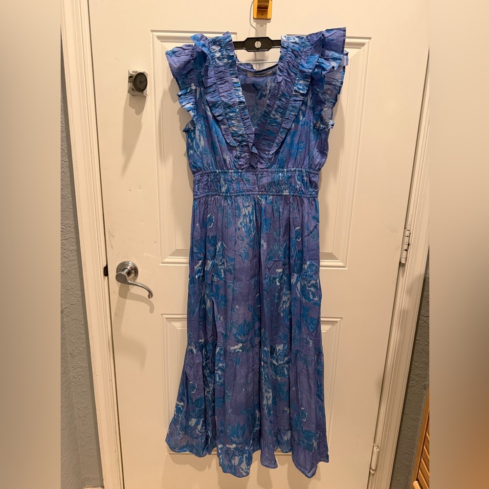 Blue Floral Ruffle V-Neck Midi Dress